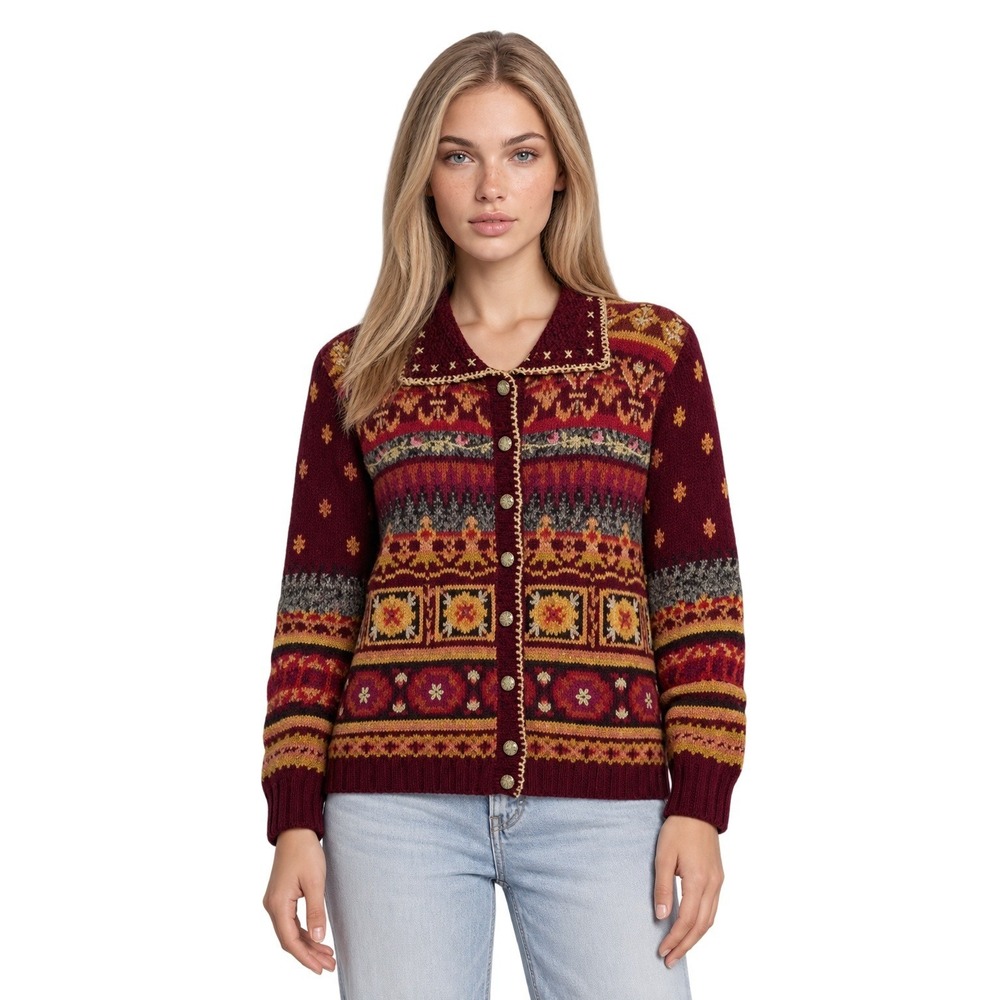 Heirloom Collectibles Cardigan Sweater Women's Size Medium Petite MP Fair Isle